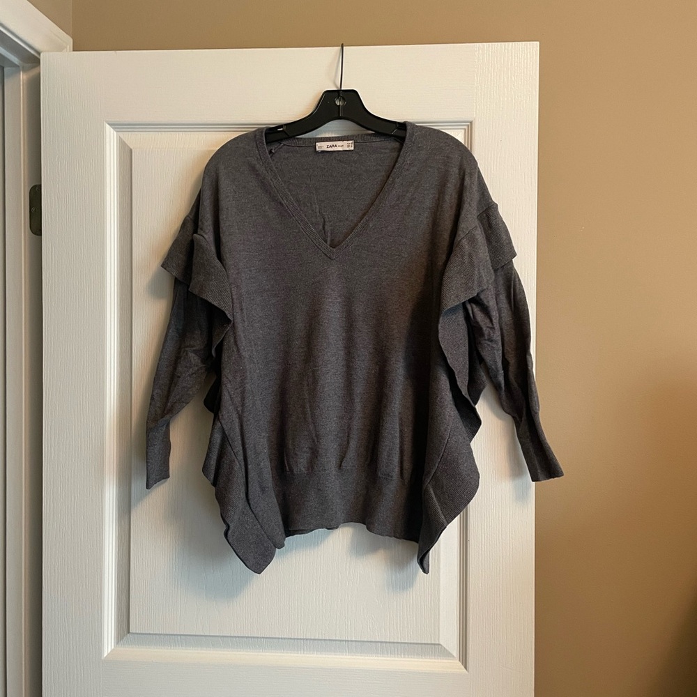 Zara Gray V-Neck Sweater with Batwing Sleeves